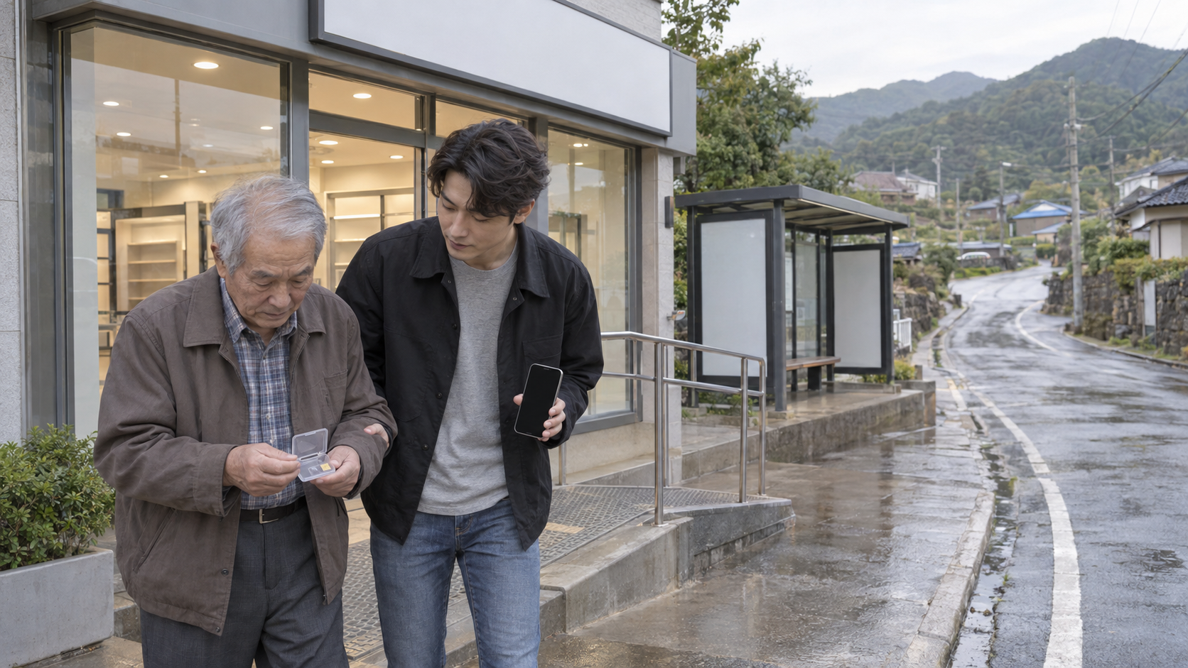 농어촌 통신사 매장 방문 전 휴대폰과 유심 준비를 확인하는 성인 이용자와 보호자